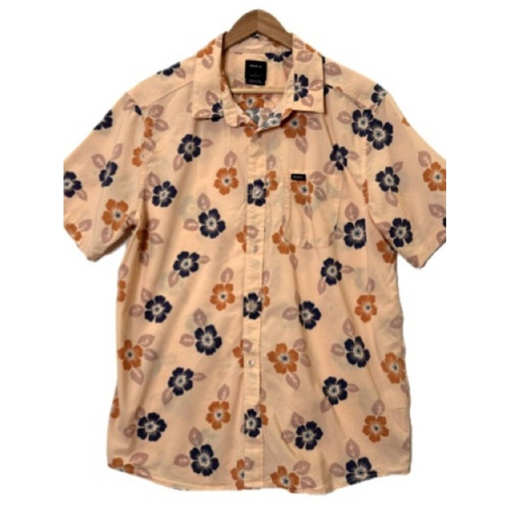 RVCA Mens Hawaiian Floral Print Short Sleeve Button Down Shirt Size Large Peach